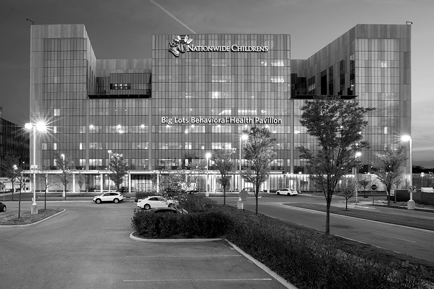 Black and white photo of the Big Lots Behavioral Health Pavilion at Nationwide Children's Hospital
