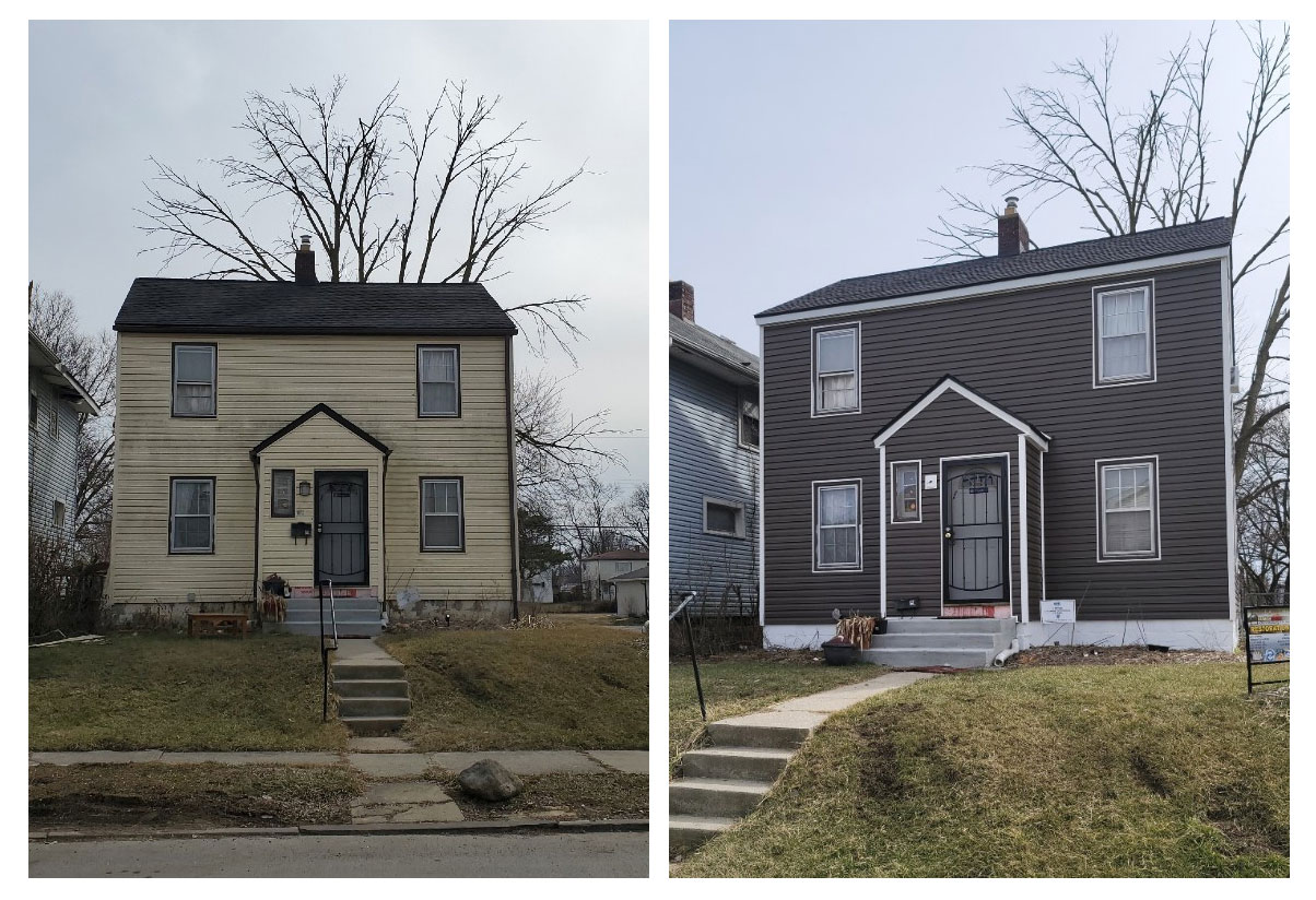 The image shows a side-by-side before and after photo of a two-story home's exterior. The left shows the home before it was painted. The right shows the home after painting.