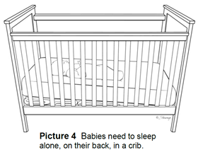 Baby sleeping alone, on their back, in a crib.