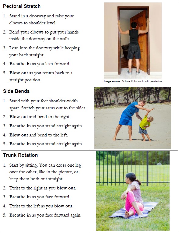 pectoral stretch, side bend, truck twist