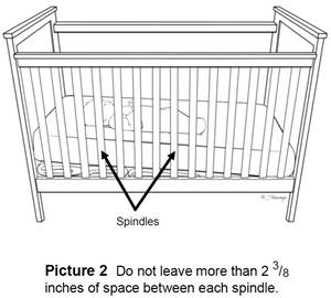 Baby in a crib with arrows pointing at spindles