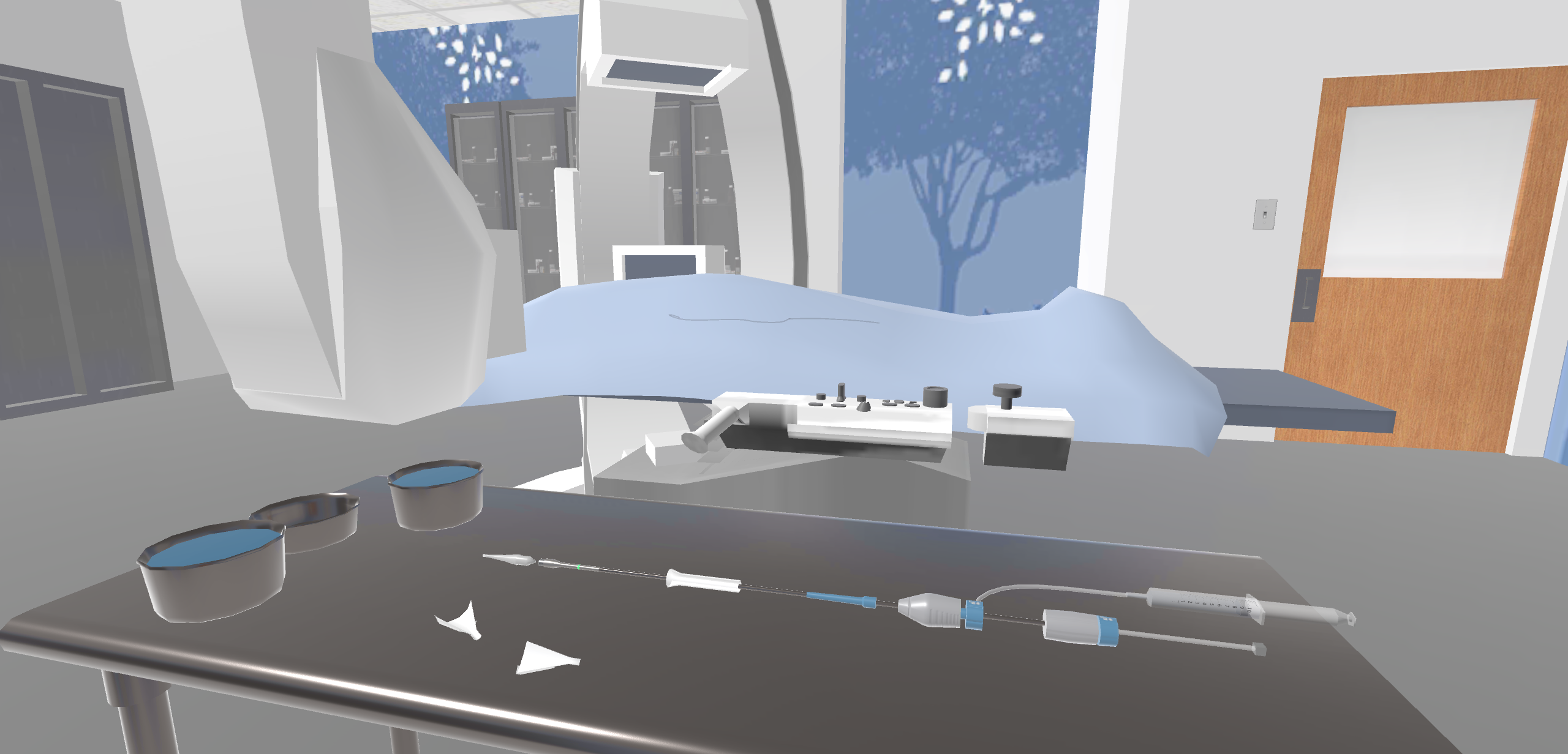 A VR training simulation educating staff on preparing and executing a heart catheterization procedure. 